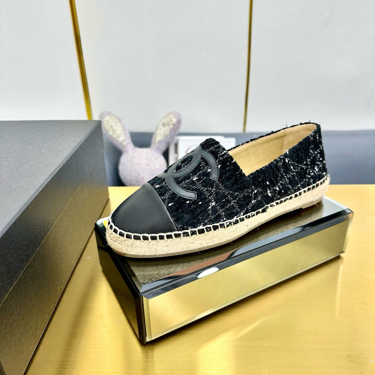 CHANEL ESPADRILLES PLATFORM 25S IN BLACK TWEED AND LAMBSKIN WITH WHITE STRIPES